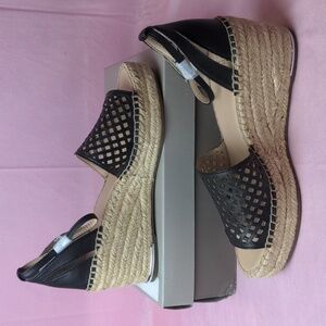 Franco Sarto Leather Black Calabria Wedge Sandals size 10